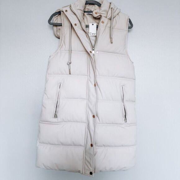 DEX Cream Long Puffer Vest With Hood Size XS - Picture 2 of 7